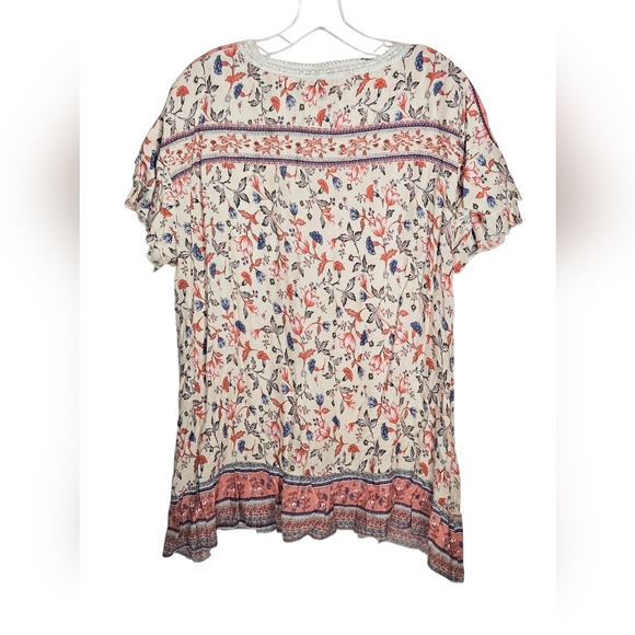 Suzanne Betro Periwinkle Blue/Pink/Cream Lace Up Flutter Sleeve Ruffle Tunic-1X - Picture 6 of 10